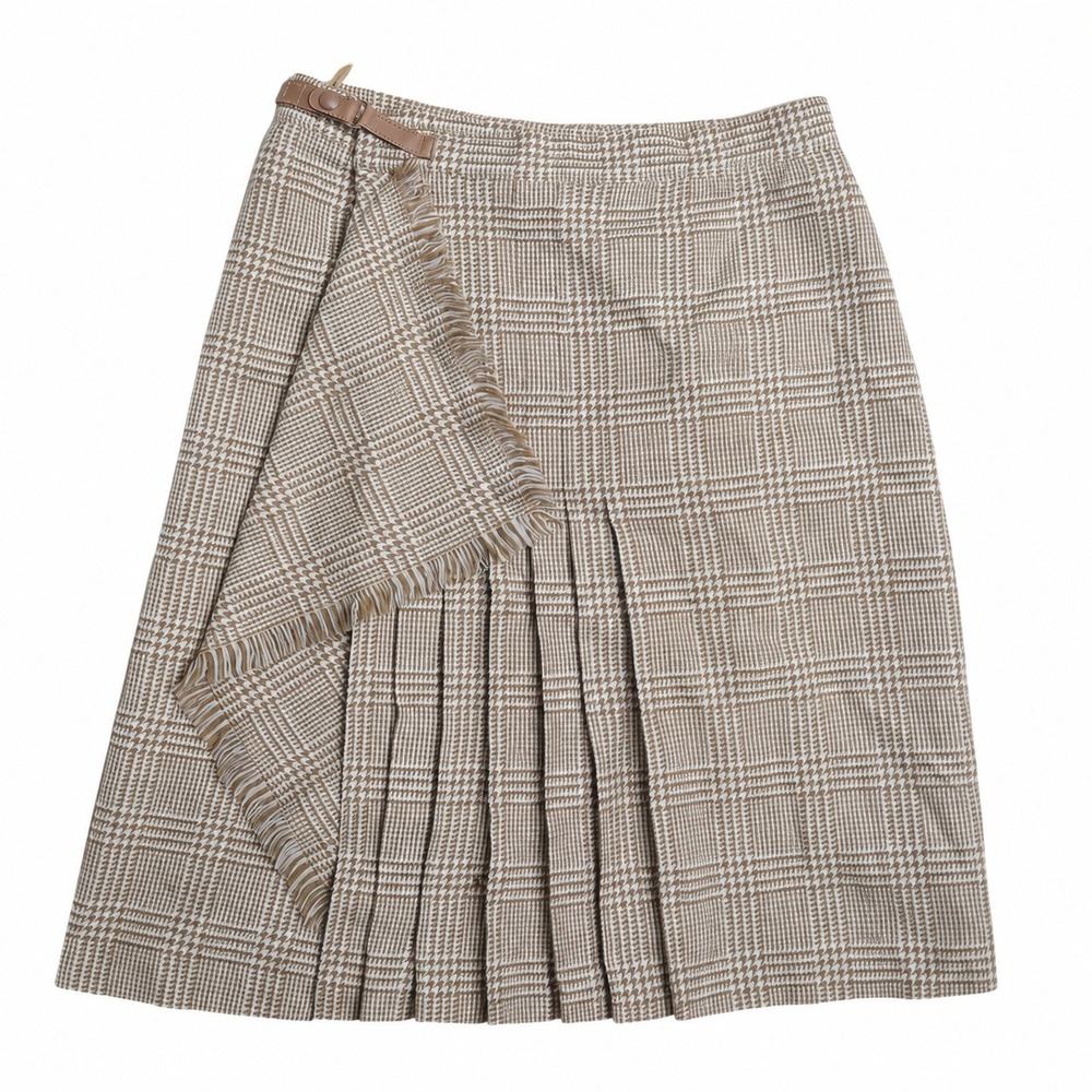 Les Copains Italy Plaid Wrap Pleated Skirt Fringe Buckle Beige 31 Waist 24.5